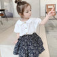 2PCS Children Clothing Set Spring Summer Girls Suits Broken Flowers Short Sleeve Tops + Braces Skirt Clothing Set
