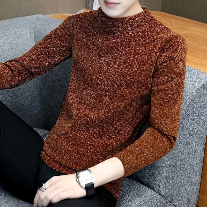 Plus Velvet Thickened Chenille Sweater Men's Autumn and Winter Korean Version of The Trend of Bottoming Shirt Round Neck Sweater Solid Color