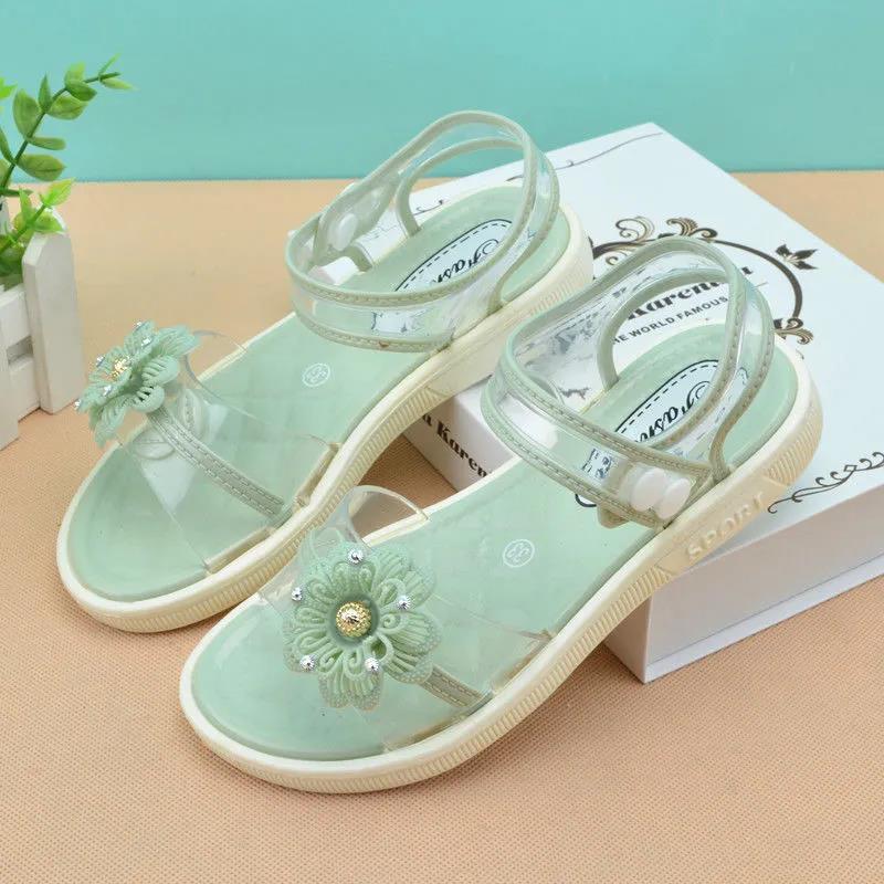 Girls Sandals Summer Flowers Children Princess Crystal Shoes Flat Non-slip Plastic Sandals for Students