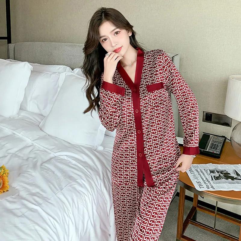 Women's Spring Autumn Red Pajamas Set Silk Long-sleeved V-neck Shirt Pants Two-piece Set Out Wear Large Size Loose Thin Homewear Luxurious Nightgowns
