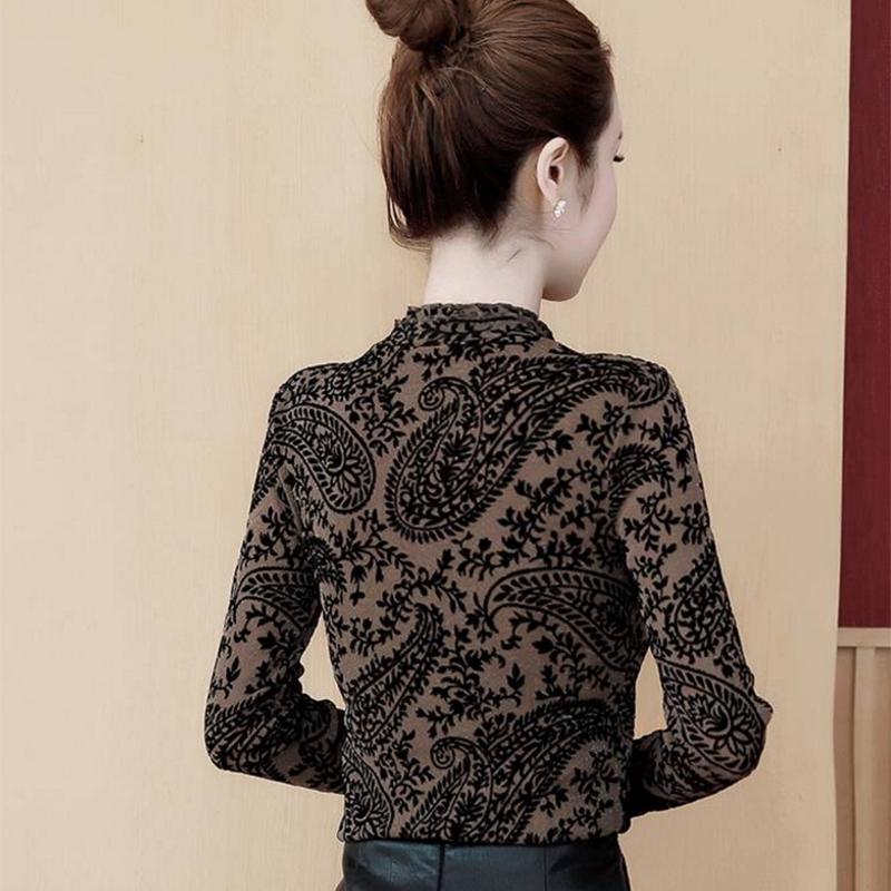 Pofulove Plus Women's Long Sleeve Mesh In Winter Fashion Velvet Half Turtleneck Bottoming Shirt