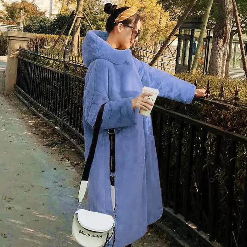 WTEMPO Faux Fur Furry Over-the-knee Jacket Winter Large Size Long Hooded Loose Thick Warm Coat Pie Overcome Women's Clothing