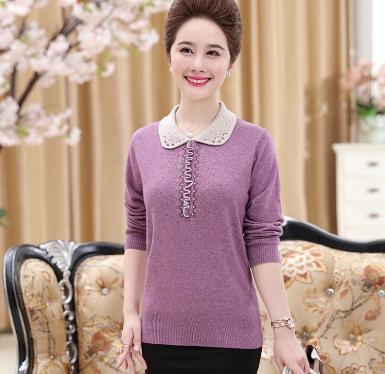 Women's Woolen Sweater Solid Color Sticky Diamond Long-sleeved Sweater Lapel Loose Plus Size Top M-5XL