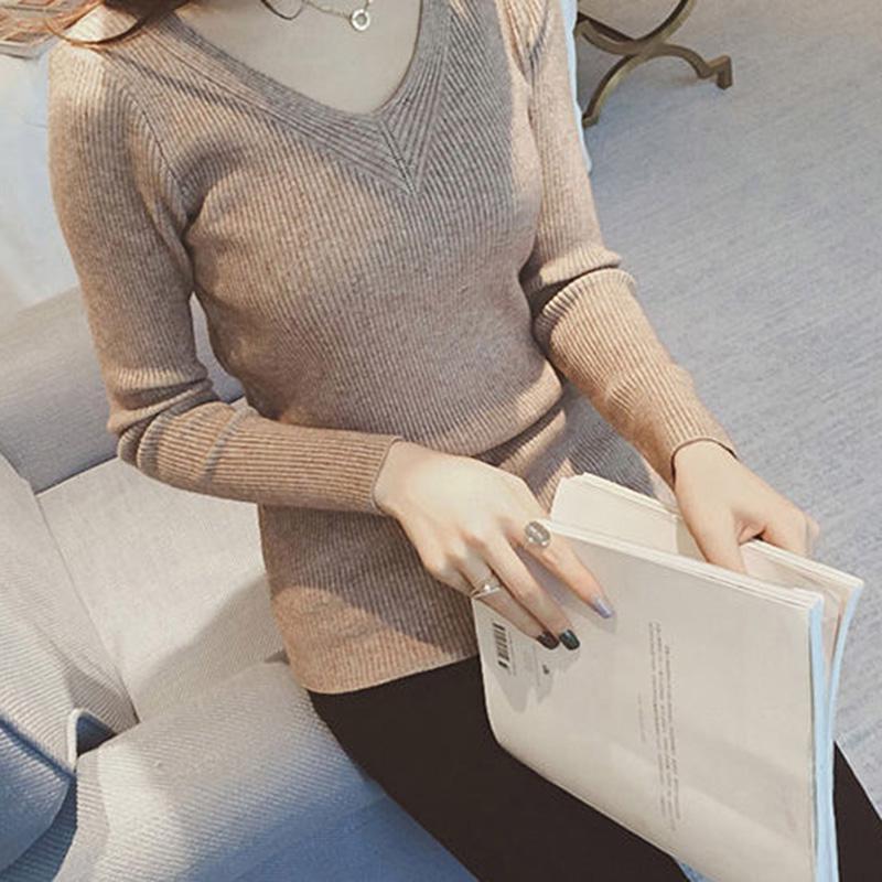 Core-spun Yarn Autumn and Winter Women's Blouse V-neck Knit Bottoming Shirt Slimming Long-sleeved Sweater Top