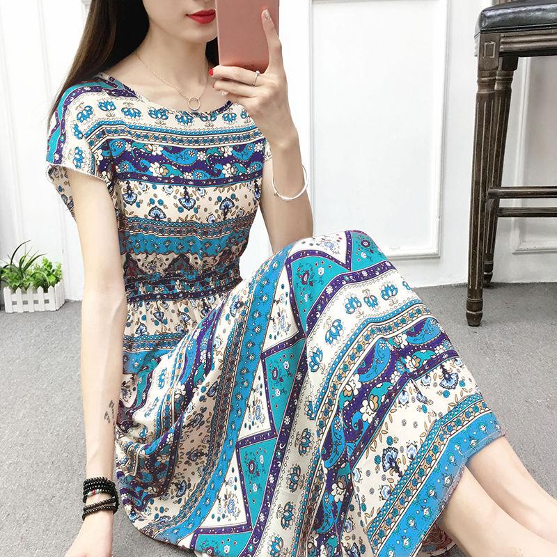 Women Long Dress Female Summer High Waist Vintage Short Sleeve Dress Slim Elegant Round Collar Print Dress