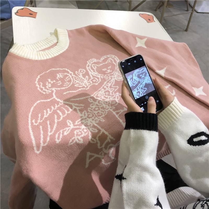 Pofulove Sweet Fresh Autumn Winter College Style Loose Hedging Round Neck Student Knitted Sweater