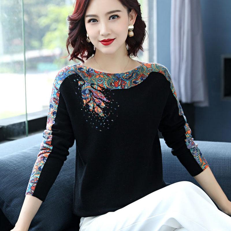Ethnic Style  Printed Woollen Sweater  Short Cashmere Sweater Women O-Neck Loose Plus Size Knit Pullover Sweater Jumper