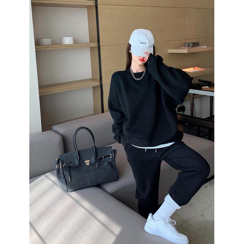 2PCS Women's Velvet Thickened Loose and Thin Sports Suit Two-piece Casual Sweater Solid Color Casual Sweater Suit Autumn Trousers Hooded Sweater