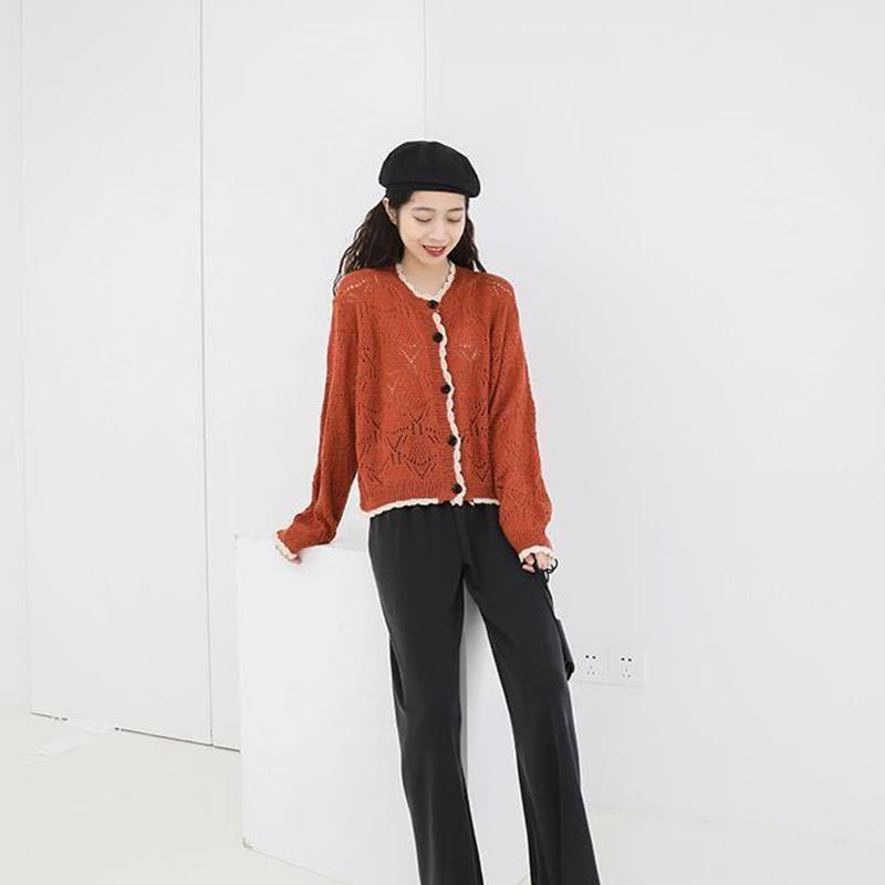Spring  Autumn Long Sleeve Hollow Knitted Sweater Cardigan Jacket Loose Women's Casual Fashion Top Student