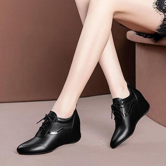 Women's Autumn Inner Heightening Single Shoes Versatile Thick Heel Round Head Soft Leather Wedge-soled Shoes