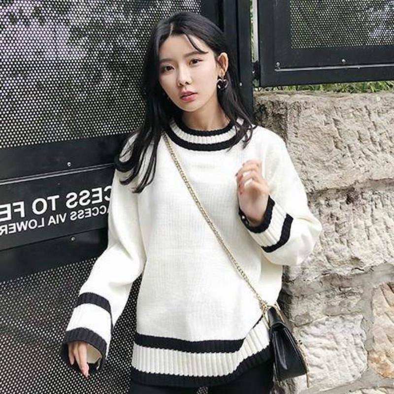 Pofulove Autumn Winter Sweater Female Korean Loose Was Thin Lazy Pullover Striped Base Sweater