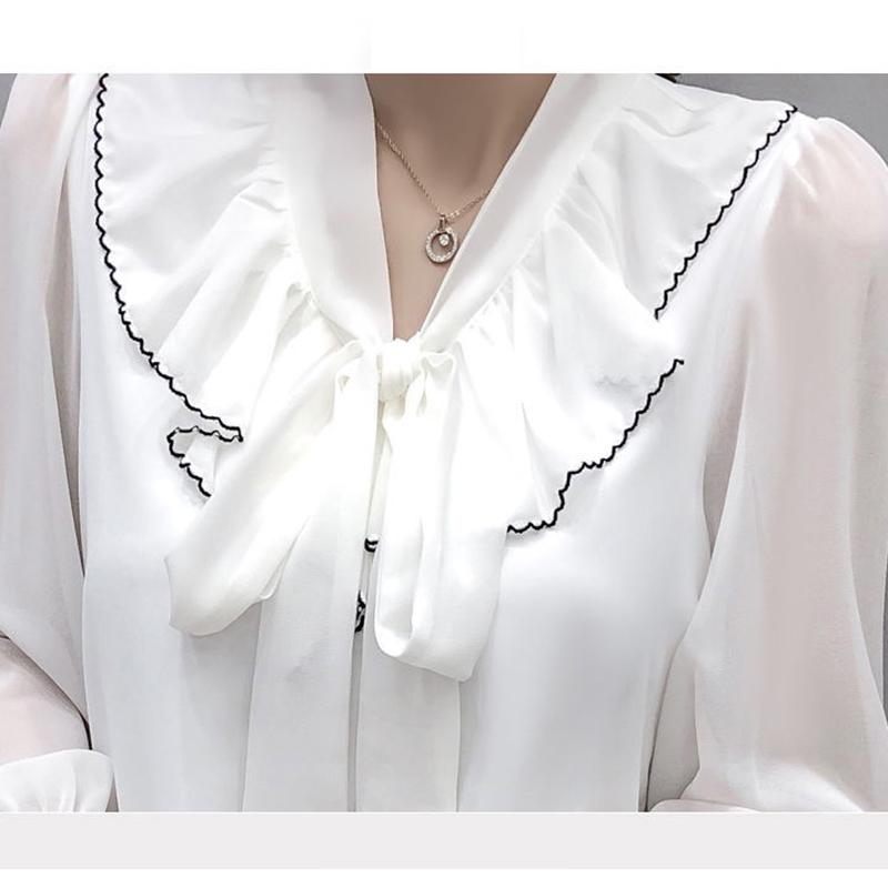 Spring and Summer Tied Wide Loose Long-sleeved Bow-knot Shirt Female Design Sense Niche Chiffon Shirt Top Trumpet Sleeve Bow Neckline Lady