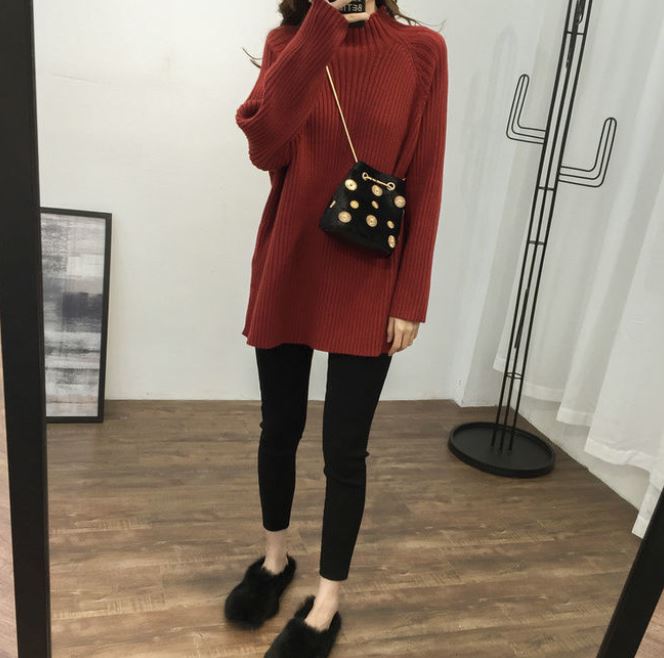 Korean Style Fashion Loose Half Turtleneck Sweater Women's Solid Color Large Size Mid Length Knit Sweater