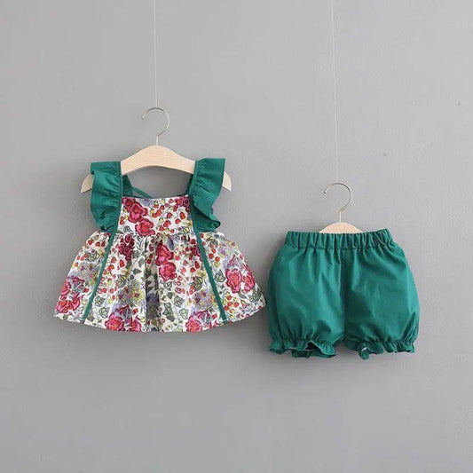 Girls' Clothing Suits Two-piece Cotton Floral Two-piece Sleeveless Children's Suits Casual Fashion Girls' Clothes Suits