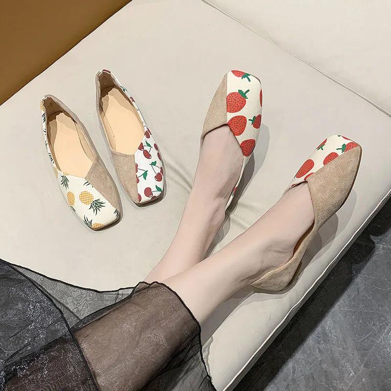 Soft Bottom Peas Shoes Women Spring Summer Sweet Pineapple Cherry Strawberry Flat Bottom Shallow Mouth Single Shoes Slip-on Shoes Casual Flat Shoes