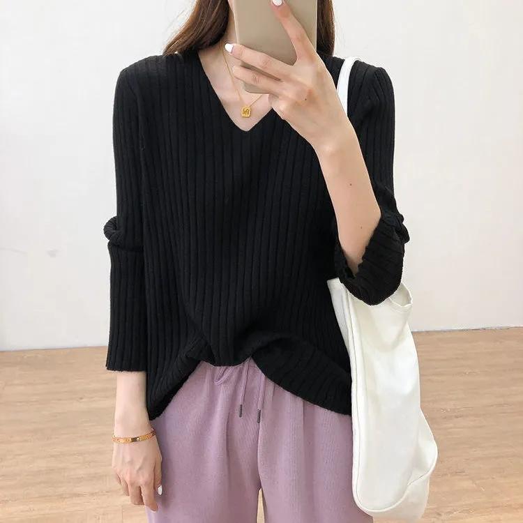 Autumn Winter V-neck Women Pullover Sweater Knitting Sweaters Casual Loose Korean Jumpers Winter Inside Bottoming Tops Long Sleeve Solid Basic Top