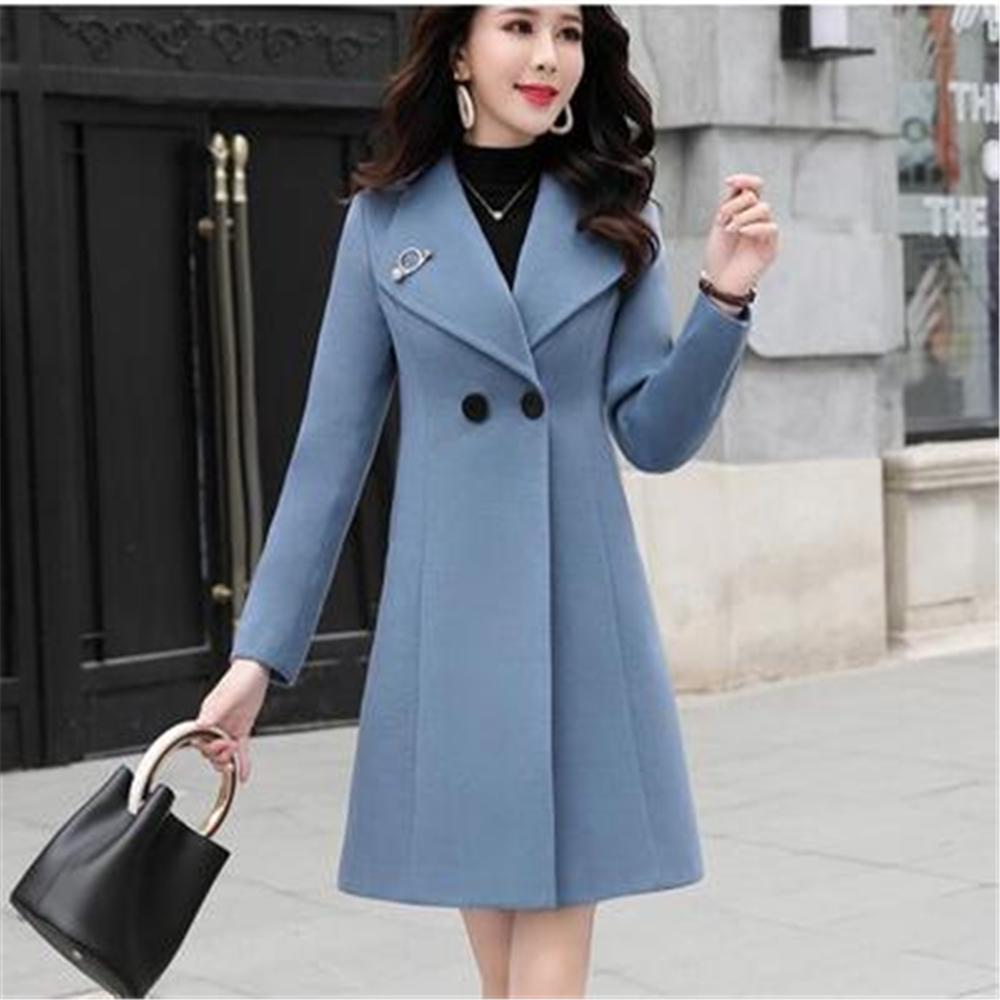 Women Long Woolen Coat Autumn and Winter Lapel Long Sleeve Pure Color Female Woolen Jacket