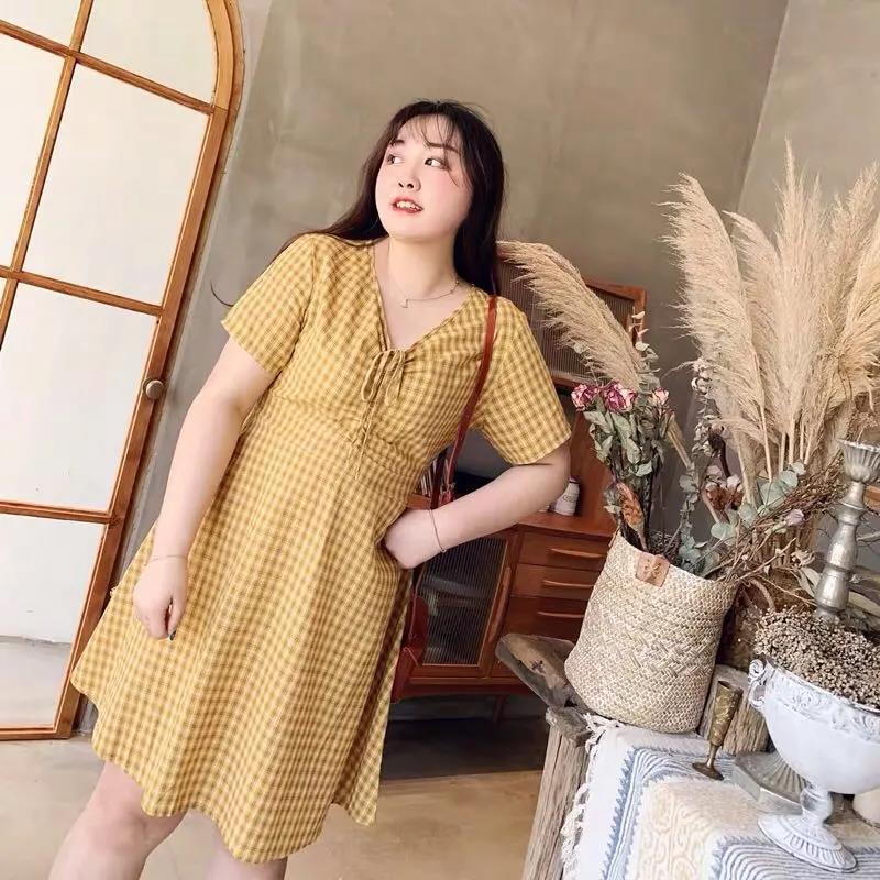 Plaid Dress Women's Cotton linen Summer Short Sleeve V-Neck Knee-length Dress Daily Wear Office Party