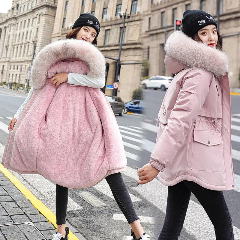 Mid-length Down Jacket To Overcome The Korean Version of Loose Plus Velvet Thickened Large Fur Collar Tooling Jacket
