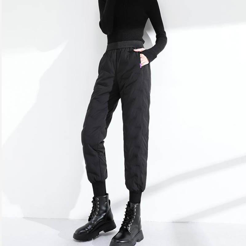 Down Cotton Trousers for Women's Outer Wear Fashion Plus Velvet Thickening Winter Models with Waistband, Leisure and Thin Warm Cotton Trousers