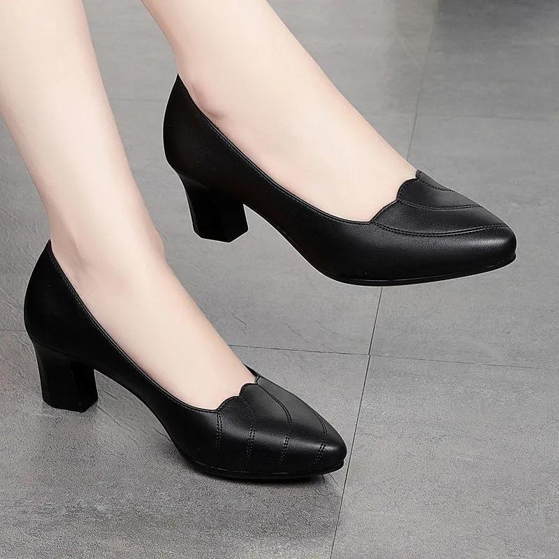 Women Mid Square Heel Shoes Pumps Black PU Office Lady Shoes Spring Non Slip Fashion Mother Oxford Shoes