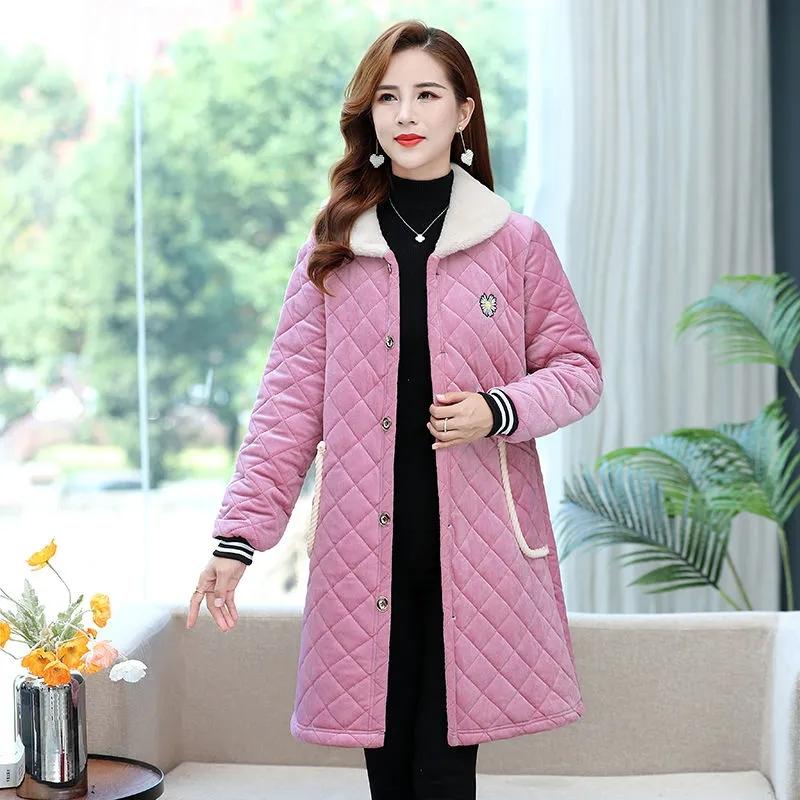 Plus Velvet Thick Blouse Mid-length Women's Clothing Casual Fur Collar Coat Cotton Blouse Winter Loose Large Size Home Wear