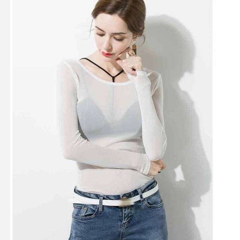 Women Sexy Mesh T-Shirts Ladies Long Sleeve See-Through Top Clubwear Tulle Mesh Black Tees Pullover