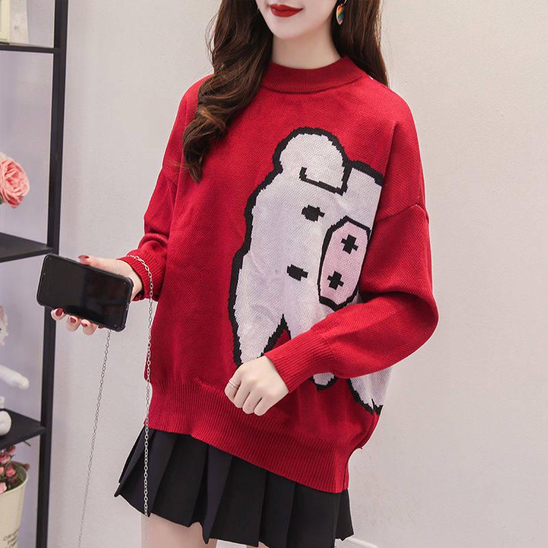 Women Cute Pig Theme Simple Color Loose Knitwear Turtleneck Bottoming Top Pullover Sweater