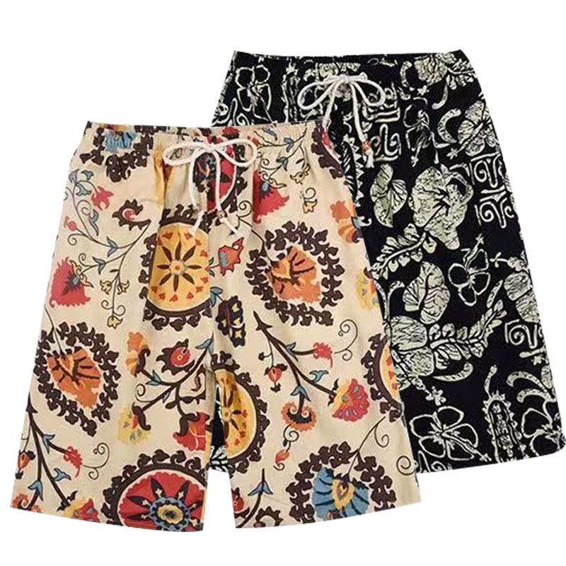 Summer Linen Quick-drying Shorts Printed Big Pants Men's Loose Large Size Cotton and Linen Beach Pants