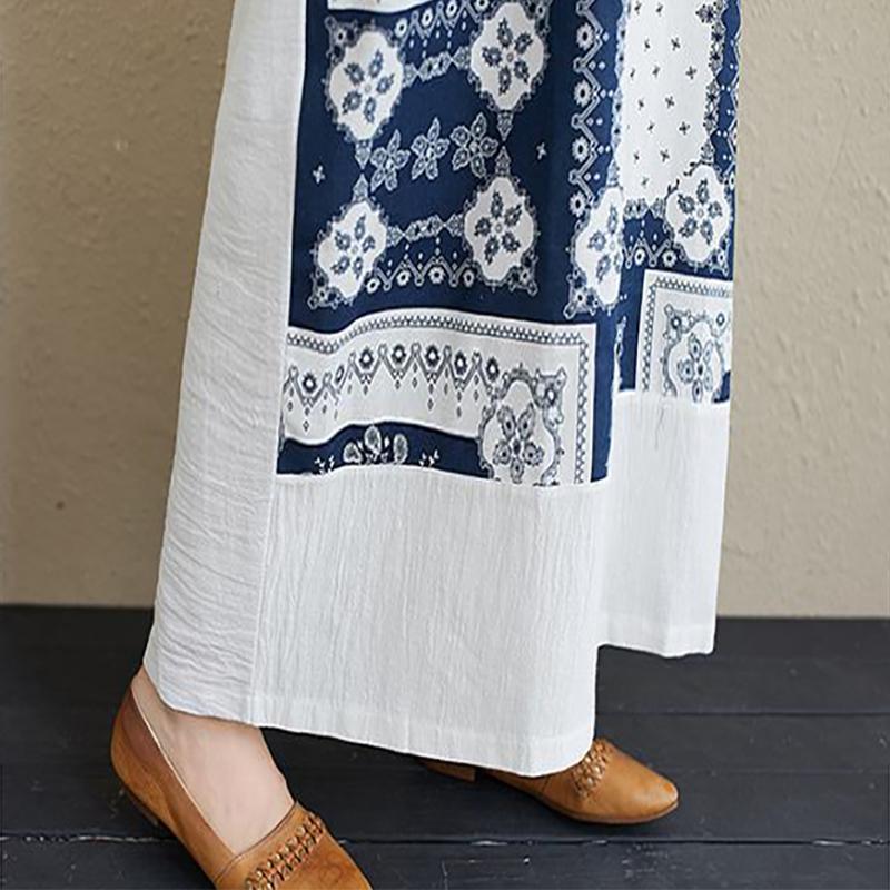 Spring and Summer Loose Ethnic Print Plus Size Women's Long DressCovering Belly Slimming V-neck Short-sleeved Dress