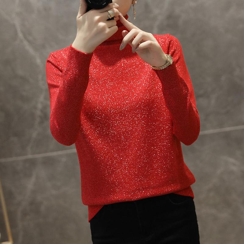 Women Solid Shiny Lurex Sweaters Autumn Winter ladies Long Sleeve Pullover Tops Heaps Collar knit Sweater