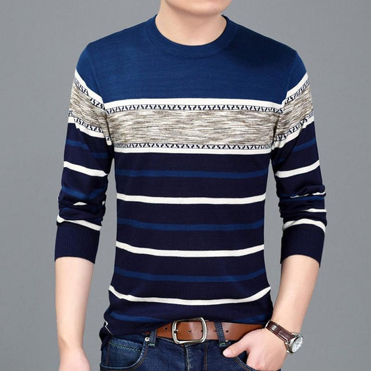 WTEMPO Men Pullover Long-sleeved Warm Sweater Round Neck Striped Pullover Soft and Comfortable Shirt