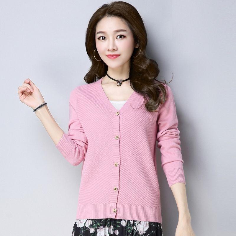 Spring and Autumn Knit Solid Color Cardigan Long Sleeve V-neck Sweater Short Solid Color Coat