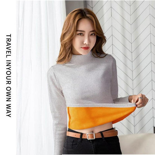 Winter Half High Neck Warm Ladies Bottoming Shirt Plus Velvet Padded Inner Long-sleeved T-shirt Top