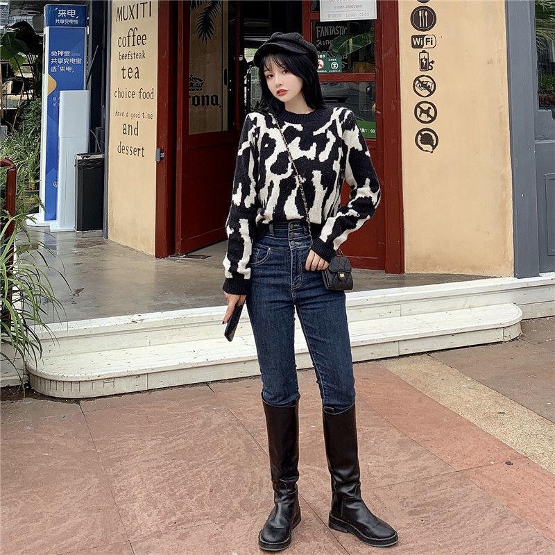 Autumn Winter  Women Fashion Sweater Short Leopard  Knitting Sweater  Round Neck Pullovers Loose Casual Long Sleeve Sweater