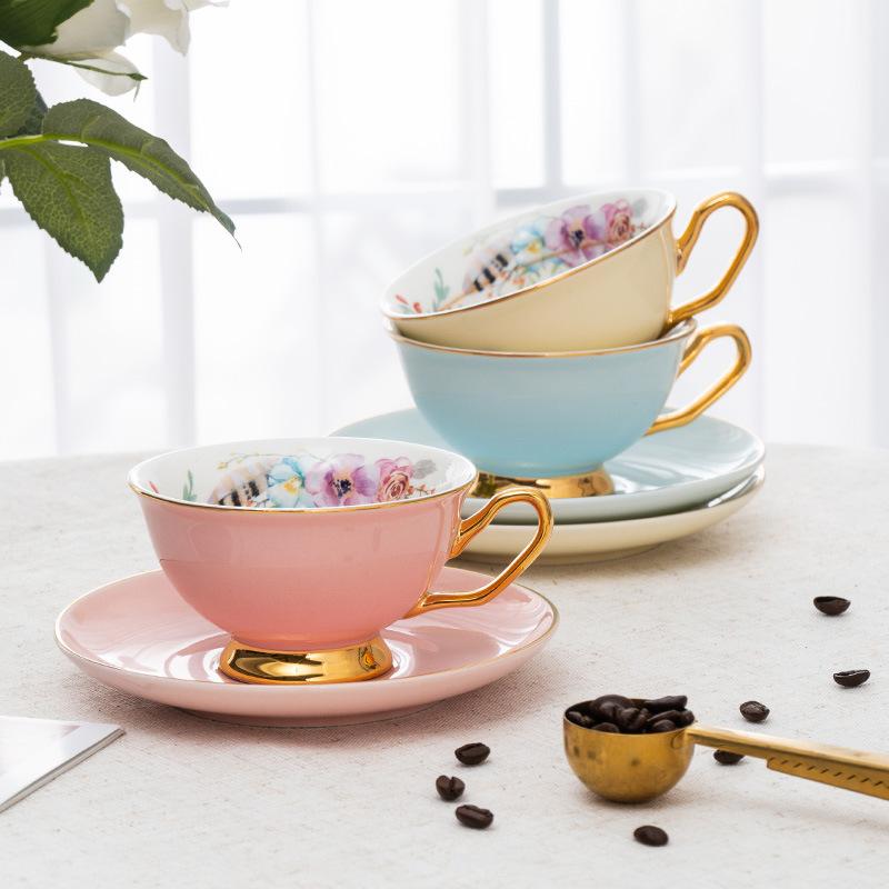 French Retro Flower Golden Edge Ceramic Two Pieces Coffee Cup Flower Tea Cup Water Cup Milk Cup