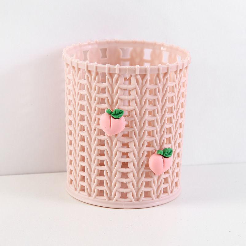 Nordic Simple Imitation Rattan Plastic Pen Holder Female Ins Student Office Desktop Creative Hollow Stationery Storage Tube