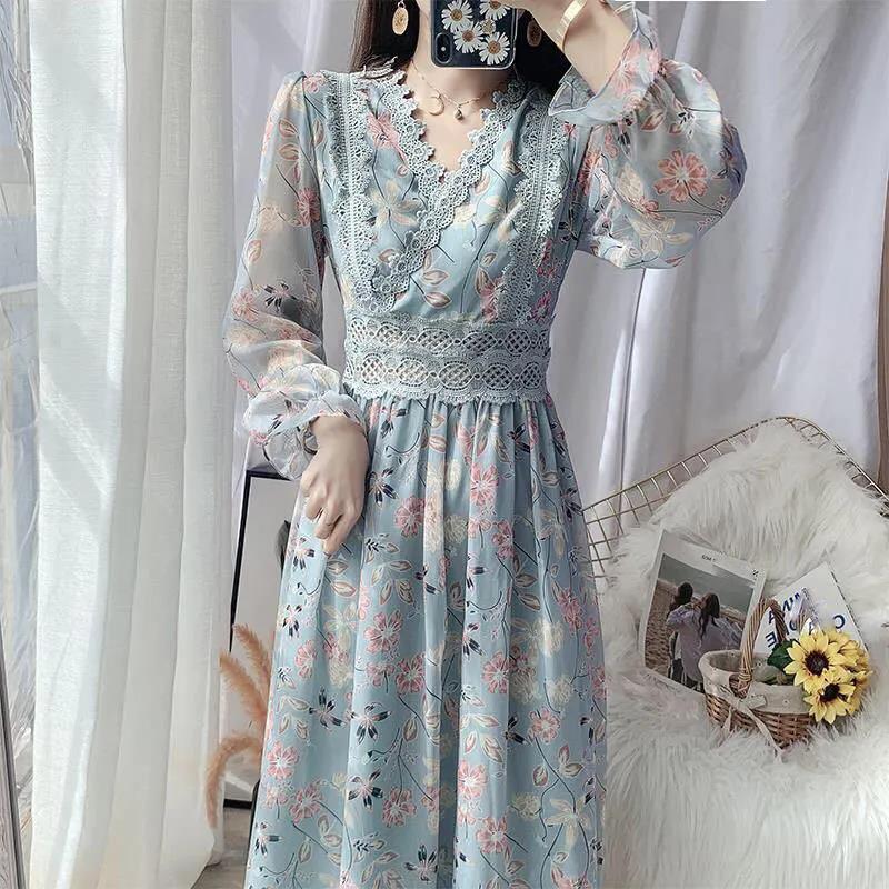 Spring and Autumn Women's Long-sleeved Lace Edge Floral Chiffon Dress Waist Slim Temperament Long Skirt French Retro Long Skirt