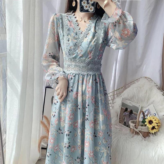 Spring and Autumn Women's Long-sleeved Lace Edge Floral Chiffon Dress Waist Slim Temperament Long Skirt French Retro Long Skirt