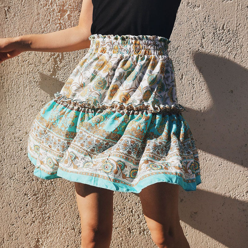 Woman Skirts Bohemian Style Pleated Skirts Summer Mini Skirt Loose A-line Short Floral Print Skirts Elastic Waist Casual Skirt