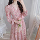 Female Elegant Vintage Pink Flower Print High Waist Dress Slim V-neck Ruffle Long Holiday Dress