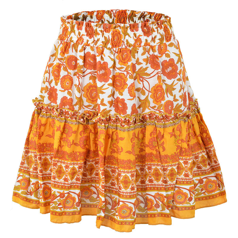 Woman Skirts Bohemian Style Pleated Skirts Summer Mini Skirt Loose A-line Short Floral Print Skirts Elastic Waist Casual Skirt