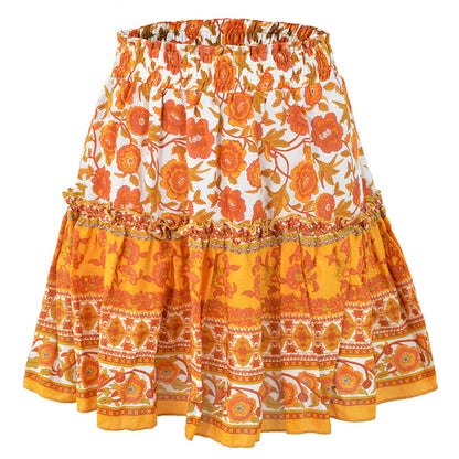 Woman Skirts Bohemian Style Pleated Skirts Summer Mini Skirt Loose A-line Short Floral Print Skirts Elastic Waist Casual Skirt