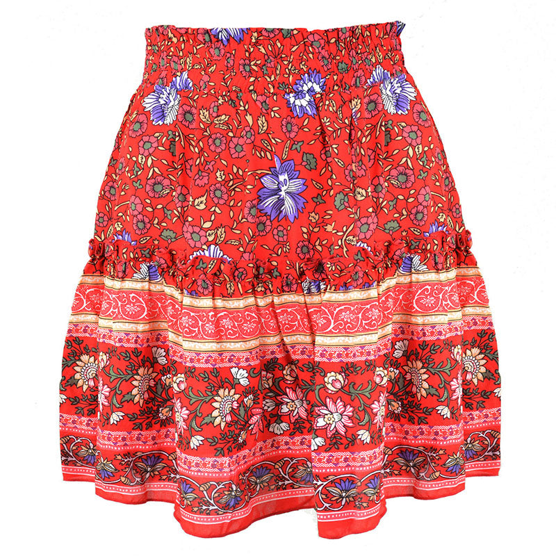 Woman Skirts Bohemian Style Pleated Skirts Summer Mini Skirt Loose A-line Short Floral Print Skirts Elastic Waist Casual Skirt