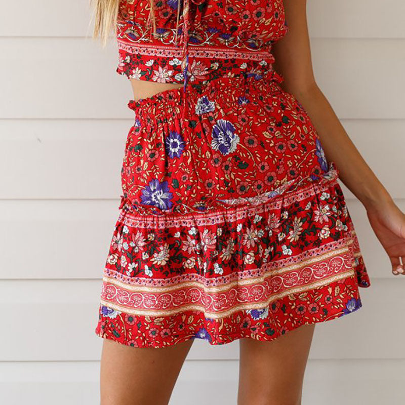 Woman Skirts Bohemian Style Pleated Skirts Summer Mini Skirt Loose A-line Short Floral Print Skirts Elastic Waist Casual Skirt