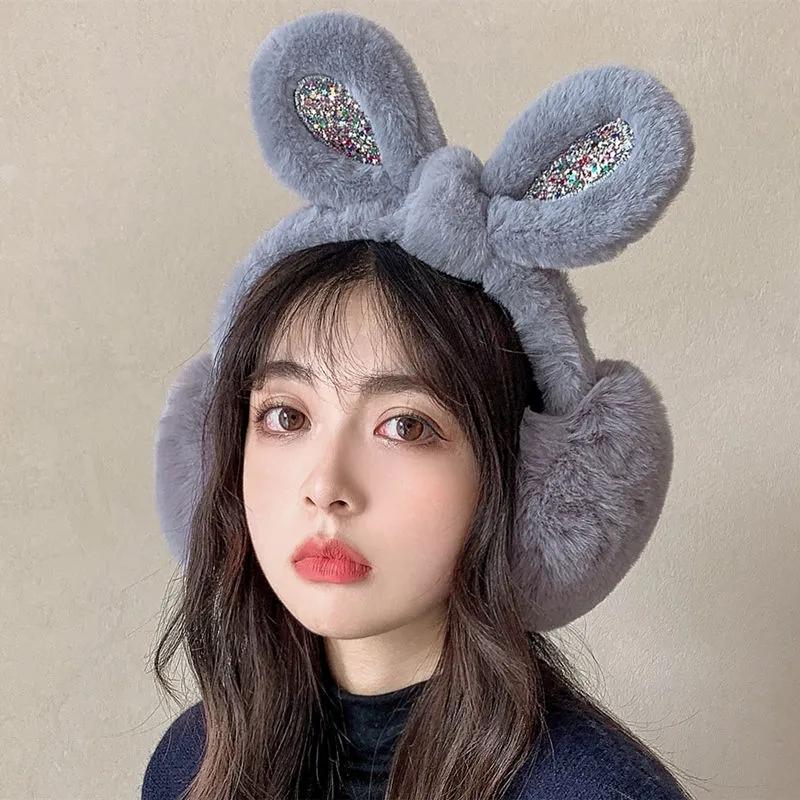 Women's Winter Soft Cute Rabbit Ear Bowknot Sequins Earmuffs Warm Cycling Ear Protection Windproof Antifreeze Plush Ear Pad Cover Rabbit Ears Earflap