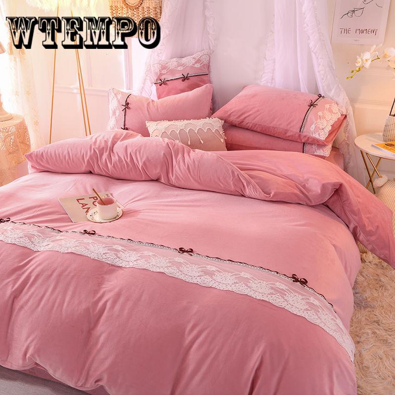 4pcs  Fleece Bedding Set  Lace Duvet Cover Flat Sheet Pillowcase Flannel Winter Warm Bed Linen