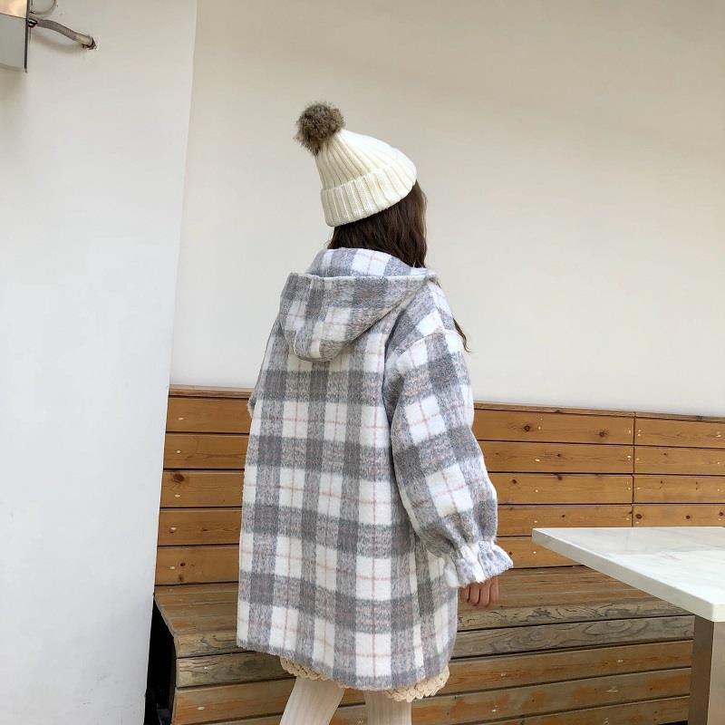 Loose hooded woman clothing plaid woolen coat women's mid-length autumn and winter woolen coat