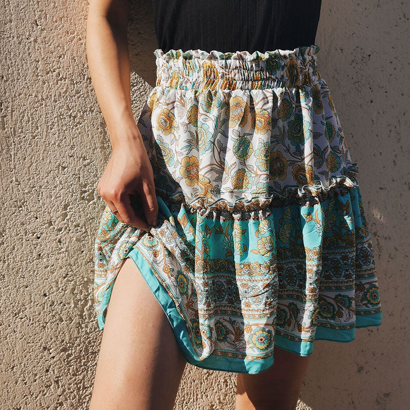 Woman Skirts Bohemian Style Pleated Skirts Summer Mini Skirt Loose A-line Short Floral Print Skirts Elastic Waist Casual Skirt