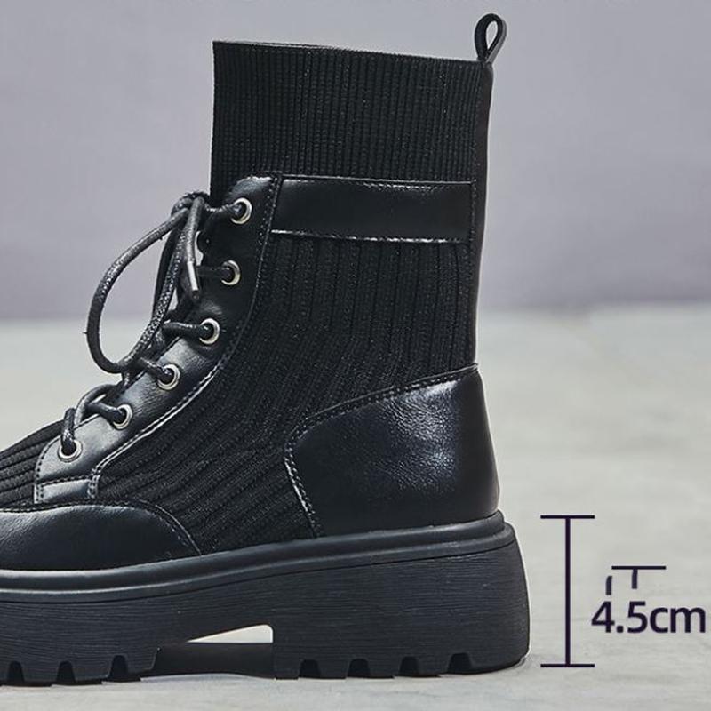 Martin Boots Women's Winter Knit Stitching Lace-up Ankle Boots Leather Thick-soled Motorcycle Boots
